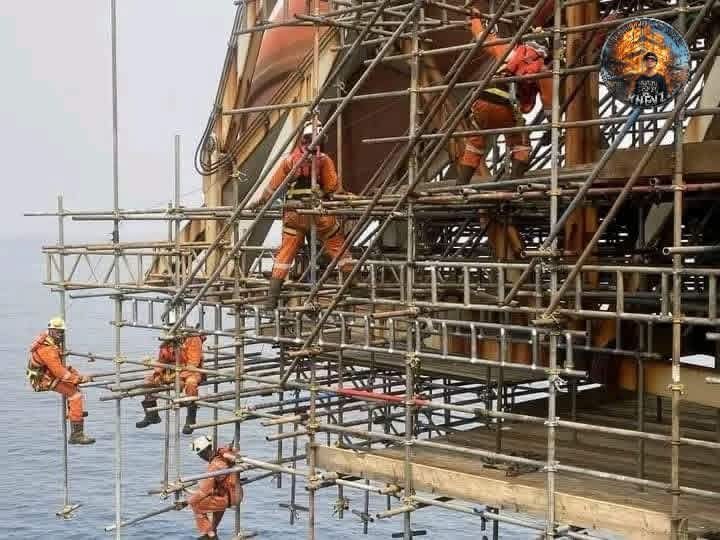 Offshore platform scaffolding crew at work